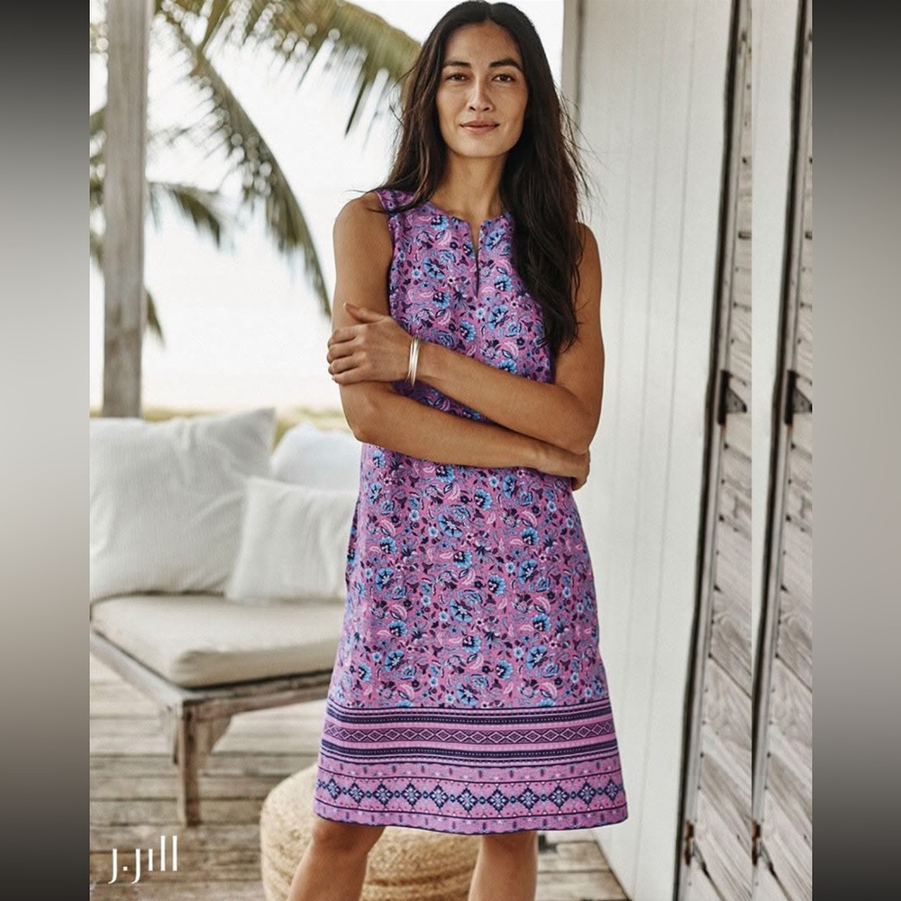 J Jill Love Linen Sleeveless Shift Tank Dress size Small Petite Pink Blue Floral